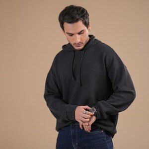 BLACK WAFFLE PULLOVER HOODIE - RELAXED FIT - MEN
